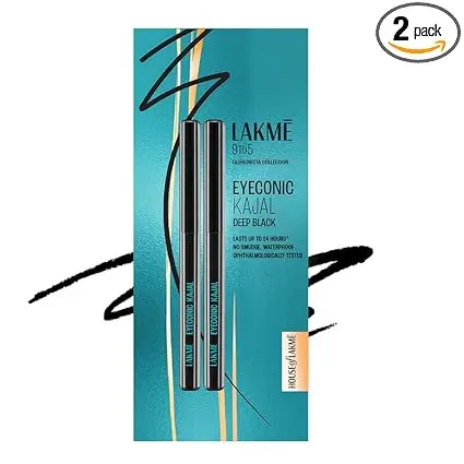 LAKMÉ 9 to 5 Eyeconic Kajal Twin Pack, Matte Waterproof Kohl, Smudge Proof Kajal Pencils that lasts hours, Pack of 2- Deep Black, 0.35g